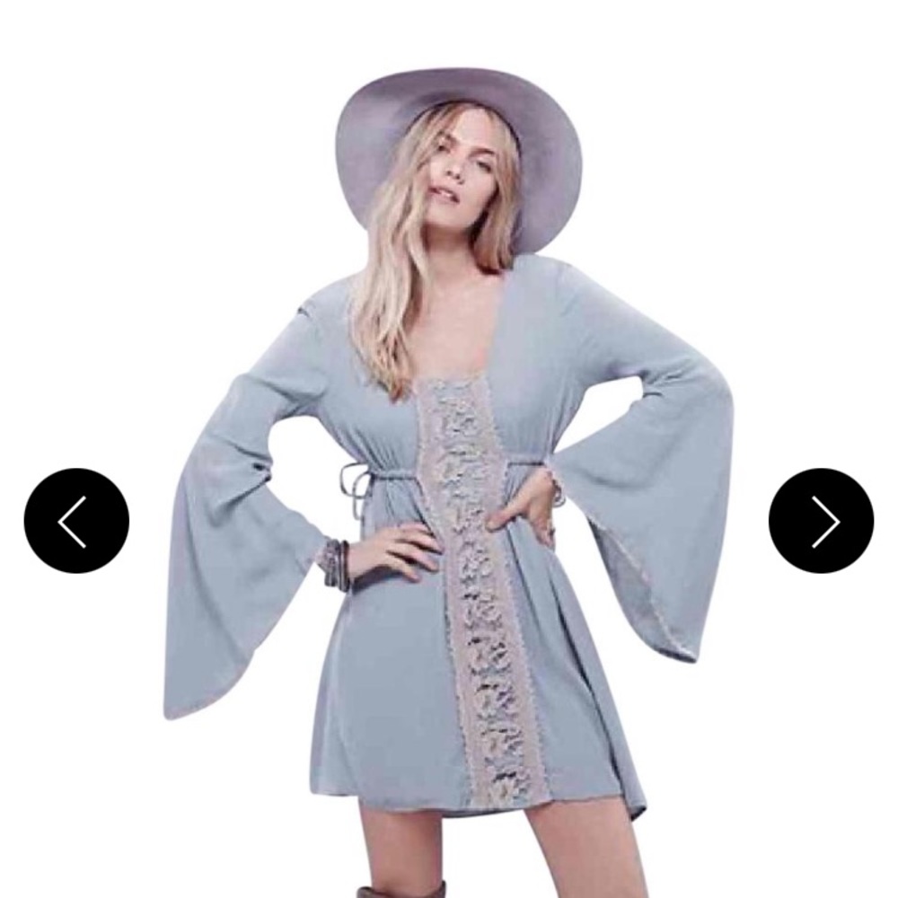 Free People Tunic Dress Medium Jolene Bell Sleeve Mini Misty Teal Cream Crochet